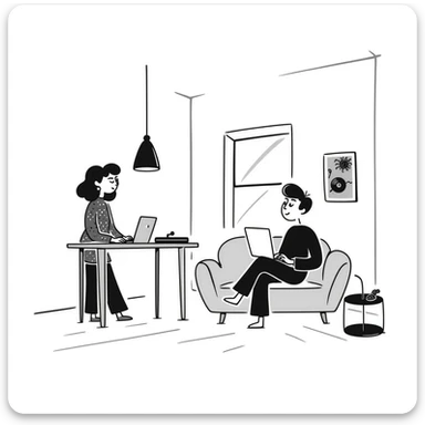 A mid-century modern living room with two people working on laptops — a woman standing working on the laptop and a man sitting on a couch with a laptop. The room has visible floor and two walls forming a corner, large window, modern pendant lamp, turntable, vinyl record stand, retro posters sticker