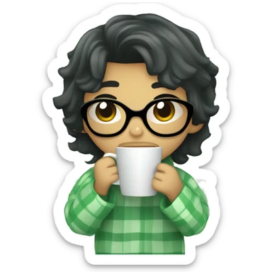 cute black hair boy wrapped in pastel green plaid blanket drinking coffee sticker