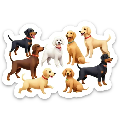 Collage of various dog breeds like Doberman, Poodle, Dachshund, and Golden Retriever, playing in a park with trees and grass. Some dogs run, others sit, all are full of energy and happiness. A joyful, colorful scene with playful expressions. Transparent background. sticker