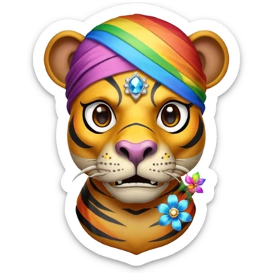 a mummy who is also a pirate make his skull a half flower rainbow diamond part hippo part tiger who is blue and gold whos head is on rainbow fire sticker