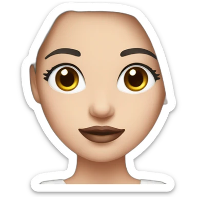 Women with long dark brown straight hair and long eyelashes, blue eyes, pink lips and thick dark brown eyebrows wearing a white dress sticker