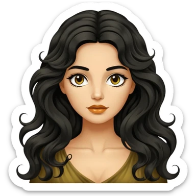 Alluring 1970's greek olive skin shiny long black wavy textured tousled hair sticker