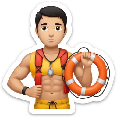 Dark Tan Muscular lifeguard no shirt with messy black hair with whistle and life preserver sticker