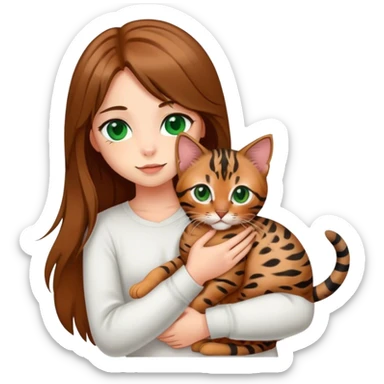 a girl with green eyes and long straight brown hair holds a bengal kitten in her arms sticker