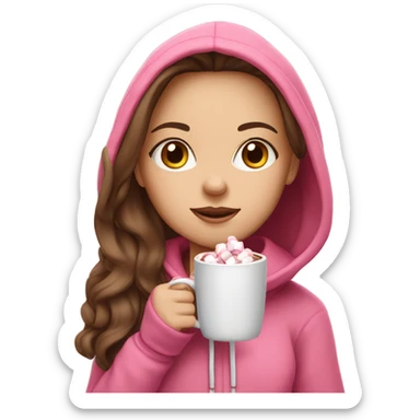 White girl with long brown hair drinking a hot chocolate with marshmallows and wearing a pink hoodie with a hood on sticker