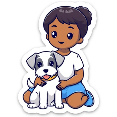 Black girl with short bangs holding a white schnauzer dog sticker