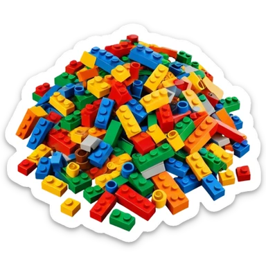 A photorealistic icon featuring a pile of colorful LEGO bricks scattered together in a messy heap. The design includes bright, detailed textures of the individual bricks, capturing the playful and creative essence of LEGO building. Transparent background, symbolizing LEGO construction. sticker