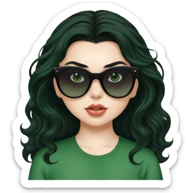 current charli xcx with her long black wavy hair, thick black sunglasses, pale skin, and a green top that said brat in the brat font. sticker