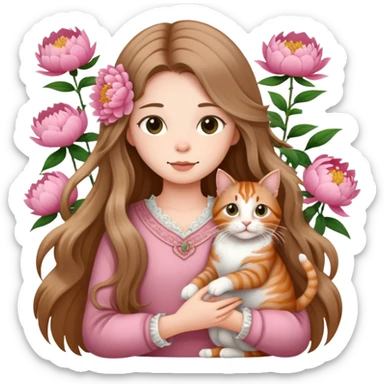A long haired girl holding a long haired tabby in peony sticker