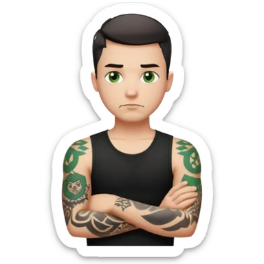 White young man with short black taper fade hair cut and slight goatee and neutral expression with his arms folded. Green eyes and black arm tattoos sticker