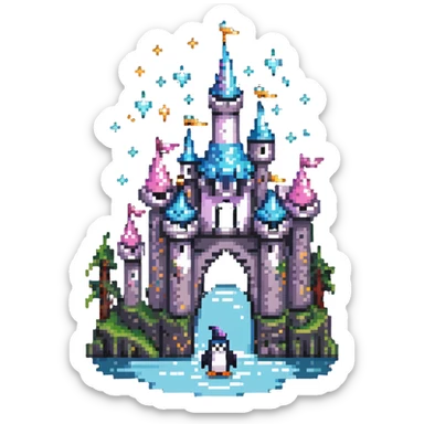 penguin wizard with magical sparkles, a unicorn, fairy, and tiny goblin companion in a pixelated fantasy world with a floating castle sticker