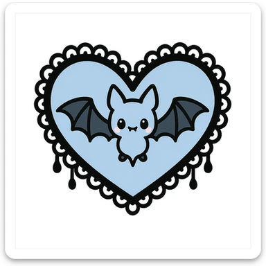 pastel goth heart with a pastel bat and lace, baby blue and black, kawaii gothic style sticker