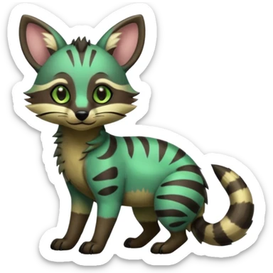 Cute adorable kawai Shiny Green Colorful Dusky Dark Gloomy Glossy Aardwolf-Genet-Bobcat-fusion-animal-hybrid-creature, full body sticker