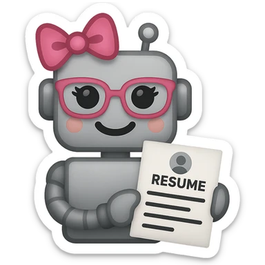 Make the recruiter robot emoji even cuter and more feminine with different hairstyles and accessories like bows or glasses. Style should be apple style, flat, and metallic. The robot is smiling and holding a resume. Transparent background. sticker