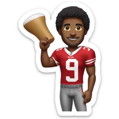 a man with a San Francisco 49ers Tshirt and foam finger sticker
