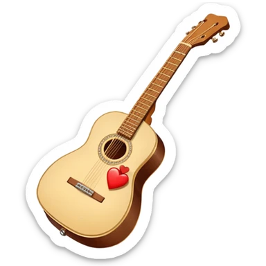 “Flat vector icon of a Cuban tres guitar in three-quarter view, warm brown, thick outline, centered on a warm cream or beige rounded-square (or circle); near the soundboard add a small red or pink heart with a soft glow and 2–3 tiny sparkles to suggest ‘soul’.  sticker