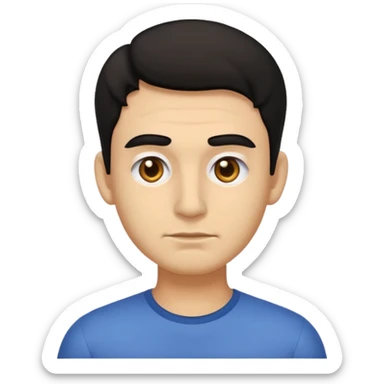 emoji a medio cuerpo hasta la cintura, hombros anchos, de un hombre, con cejas gruesas inclinadas hacia abajo, nariz medio grande, hombros anchos, sin sonrisa, hombros anchos, cabello ondulado con un corte adolecente, cabello negro. ojos negros. sticker