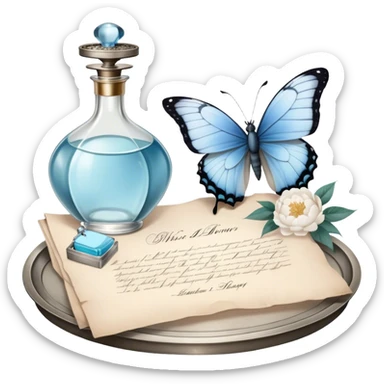 A nostalgic evening scene where an open love letter, with elegantly fading ink, lies next to a silver tray holding a vintage perfume bottle. A single pale blue butterfly lands gently on the aged parchment, as the soft scent of jasmine and peonies fills the air. sticker
