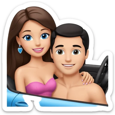 Barbie brown girl with brown eyes long brown hair and sexy shirtless white man with black hair blue eyes kissing in car sticker
