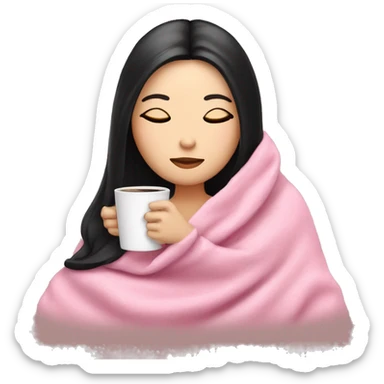 white girl with black straight hair inside a pink blanket sipping coffee eyes closed sticker
