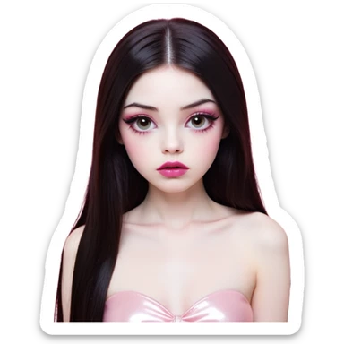 girl with white skin, dark brown long realistic straight hair with middle part prominently falling in front of her body over her shoulders, very big pouty extremely glossy ultra-shiny lips with nude reddish-pink lip gloss and absolutely no cupid's bow, big round eyes with very black shiny eyeballs and huge eyelashes, no eyeshadow, pink blush on cheeks, lighter button nose, exceptionally elongated very long oval-shaped face, wearing a pink off-shoulder top, looking directly at camera with hands down at sides sticker