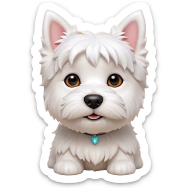 Cinematic Cute West Highland White Terrier Portrait Emoji, Head tilted playfully and inquisitively, featuring a fluffy, immaculate white coat with perky ears, round, sparkling dark eyes filled with curiosity, Simplified yet irresistibly adorable features, highly detailed, glowing with a warm, friendly glow, high shine, affectionate and lively, stylized with a touch of whimsy, bright and endearing, soft glowing outline, capturing the essence of a mischievous yet loving pup, so playful it feels like it could bound out of the screen and into your arms! sticker