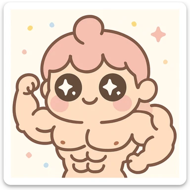 Make the kawaii character look buff and muscular, keep the pretty pink style, big eyes, cute lips, playful expression. sticker