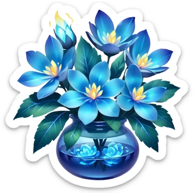 "A magical blue floral arrangement with glowing petals and leaves."
 sticker