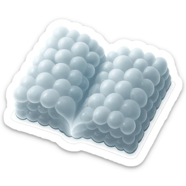 top view of a thick open book made entirely of small, very bright white fluffy convex clouds, matte glass style sticker