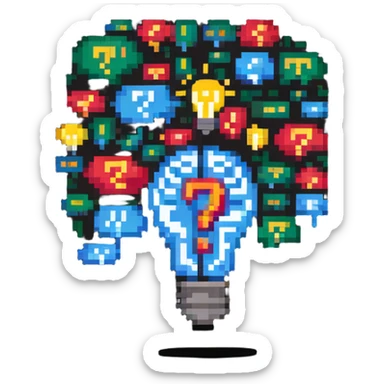 brain with question marks and lightbulb, representing inquisitive thinking sticker