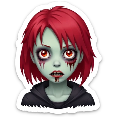 creepy zombie girl, red shaggy medium hair, emo, dark and spooky expression sticker