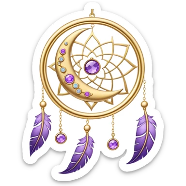 Epic beautiful gorgeous cute gold suncatcher, threads with shiny sparkly amethyst gemstones, flowers, crescents-moons, stars, violet Feathers  sticker
