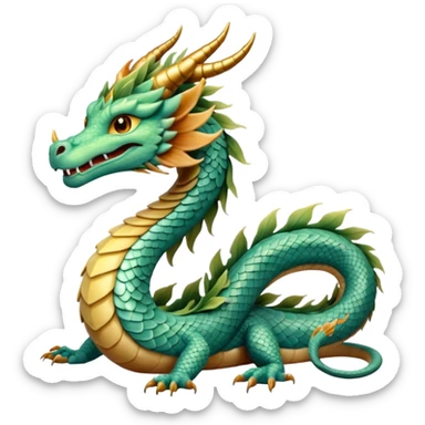  serpent dragon. Slim, serpentine body with smooth scales in soft blues and greens. Fluffy leaf plumes replace the tail fins, and a terracotta crown-like crest adorns its head. Gentle amber eyes. it should be similar to traditional chinese dragons. sticker