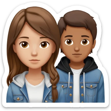 Three persons. one girl with not that long dark brown hair and with the blur jakcet. The other girl has light long brown hair and denim jacket and white dress and the guy with short brown hair and balck hoodie sticker