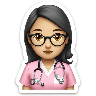 Asian girl (beige white skin tone) with round glasses, hair bang and wavy long black hair , wearing a pink nurse uniform (scrub) with a stethoscope sticker
