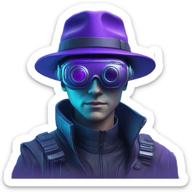 Secret human agent in a hat with  cyberpunk elements in VR googles scanning looking reviewing multicolor lines of code, cyan and purple colors, only upper body portrait sticker