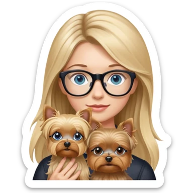 Hyper Photo Realistic Blonde balayage long hair women with blue eyes wearing glasses and holding a Yorkshire terrier  sticker