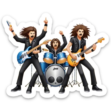 Icon for Heavy Metal Music: 4 men band on stage with electric guitars, drums and intense lighting. 4 Musicians headbanging, surrounded by energy and stage effects, capturing the power and intensity of a metal concert. Transparent background. sticker