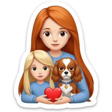 Little girl with a long fair hair with mom and cavalier king charles spaniel and heart sticker