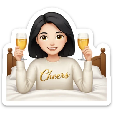 A woman with shoulder-length black hair, light to medium skin tone, full cheeks, and almond-shaped eyes, wearing a white sweater with the word 'cheers' in gold script, lying comfortably on a bed with soft lighting, joyful and radiant expression. sticker