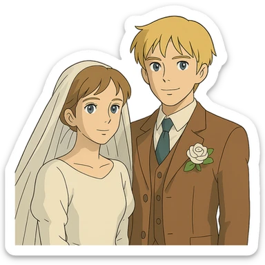 ghibli style portrait of a bride with light brown hair and grey-blue eyes, and a groom with blonde hair, blue eyes, wearing a brown suit sticker