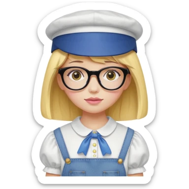 A yellow-skinned girl with medium-long straight hair, flat bangs, black frame glasses, a white puffy sleeve doll shirt, blue jeans and pink shoes, and a black painter's hat. sticker