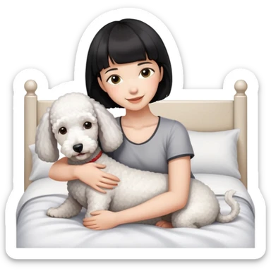 A girl with short black hair and bangs happily hugs a white Bedlington terrier sticker