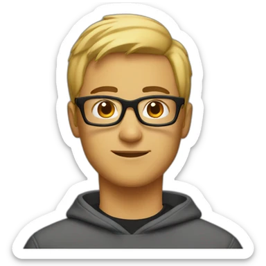guy with black glasses dirtyblonde short hair with orange sweatshirt sticker