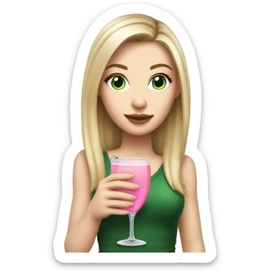 Realistic White girl with Long straight blonde hair, green eyes, tattoos, full body wearing dress and High heels, holding pink drink sticker