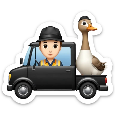A black truck but the driver is a goose sticker