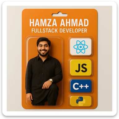 Create a realistic action figure toy of the person in the photo, packaged in a strong orange card blister pack. The figure is inside its own blister. Next to the figure, include four separate blisters, each containing one of the following: React logo, JS logo, C++ logo, and Python logo. Do not repeat any equipment. On top of the box, write 'Hamza Ahmad' and underneath it, 'FullStack Developer'. The figure and all equipment must be inside blisters. Visualize this in a realistic way, matching the style and layout of the provided reference images. sticker