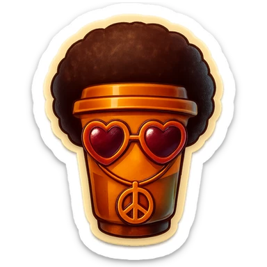 Tall coffee cup, no mouth, afro, heart glasses, peace sign necklace sticker