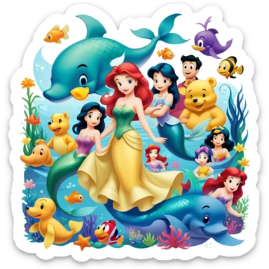 Icon for Animated Characters: A colorful, large-scale collage of beloved cartoon characters, including Franco, Mickey Mouse, Winnie-the-Pooh, Ariel the Little Mermaid, Jasmine and others. Bright and vibrant, full of whimsical charm. Transparent background. sticker