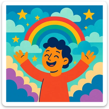 dream life as a colorful, whimsical scene with clouds, stars, and a happy character, in vibrant toon style sticker
